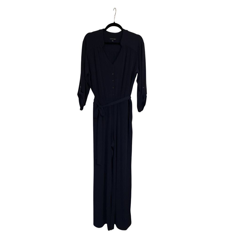41 Hawthorn Women Elastic Waist Belted Button Front Wide Leg Jumpsuit SZ XL Navy - Picture 3 of 11